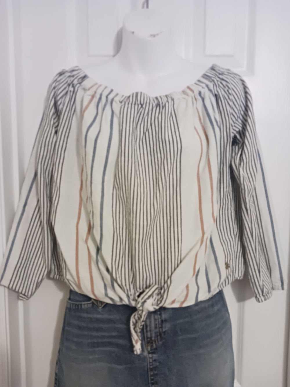5 For $25! Roxy Striped Tie-Front Off-Shoulder Top - White, Blue & Rust
